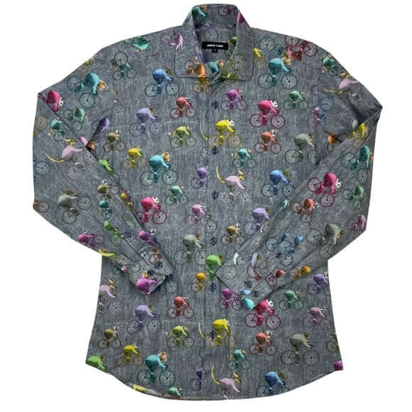 Jared Lang Mens Animal Bicycle Print Shirt S Navy Blue Button Front Long Sleeve - Picture 1 of 12